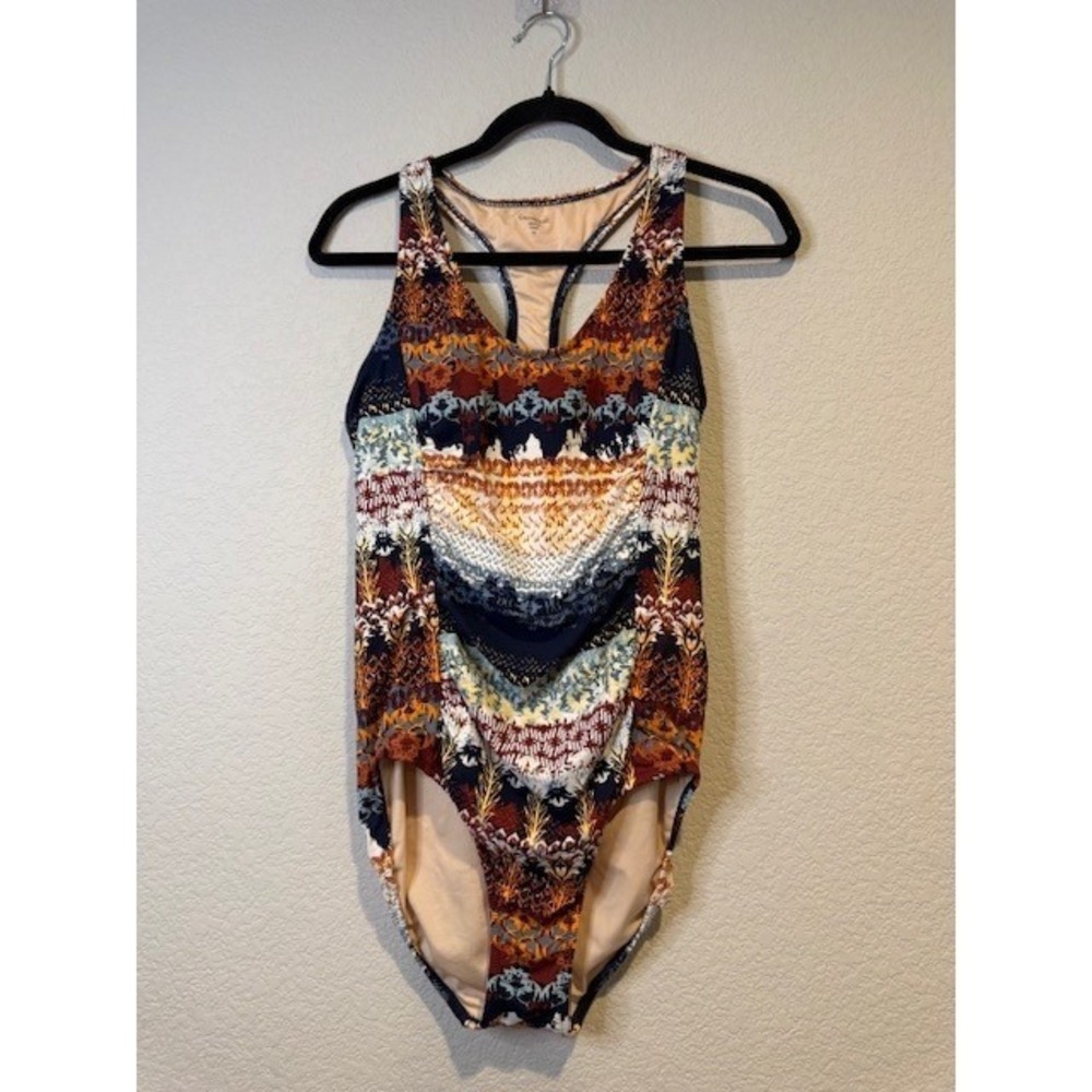 Garnet Hill Womens Geometric Boho Racerback One Piece Swimsuit Multicolor Sz 10